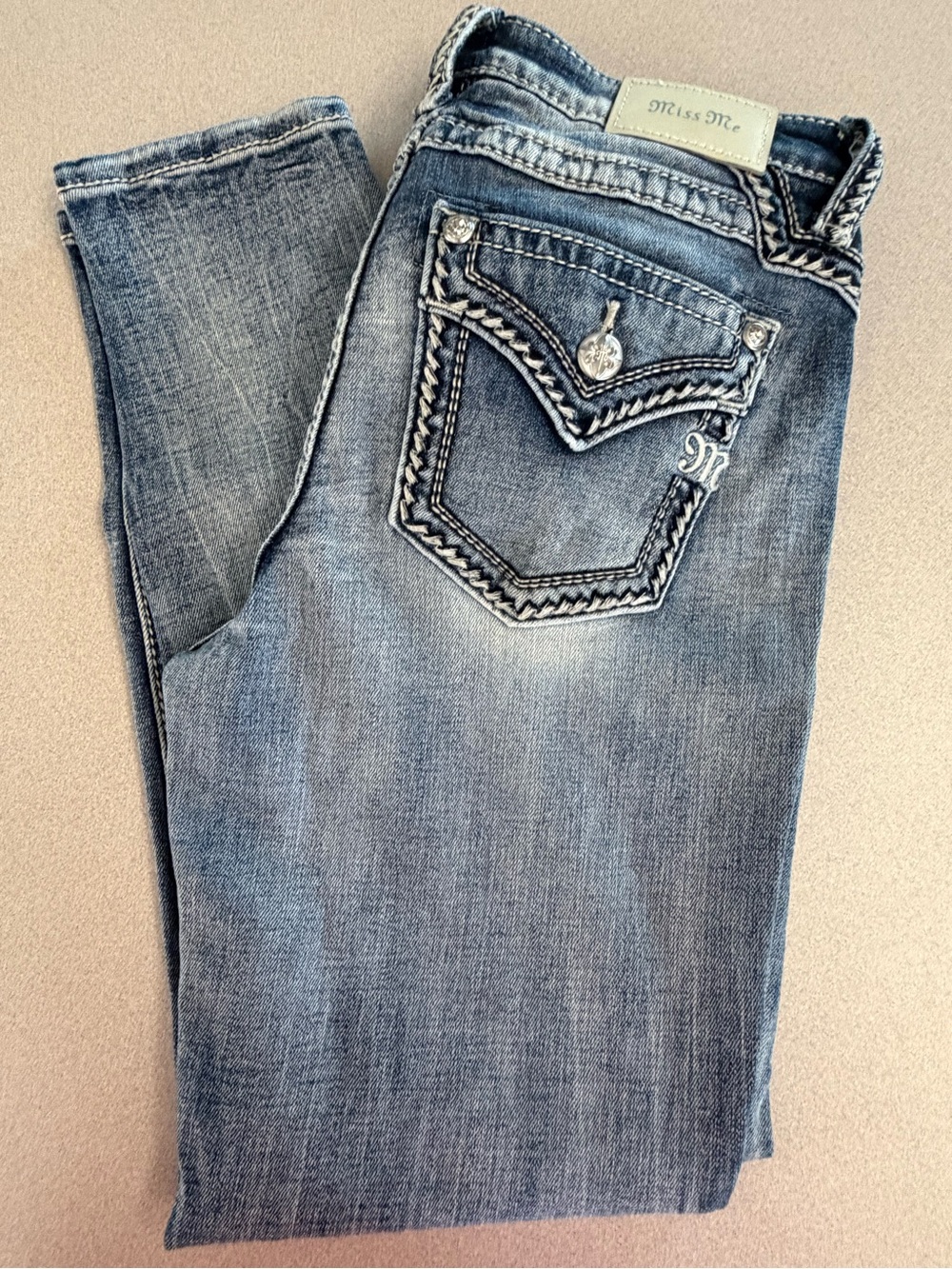 Miss Me Light Wash Blue Skinny Jeans with Embroidered Back Pocket